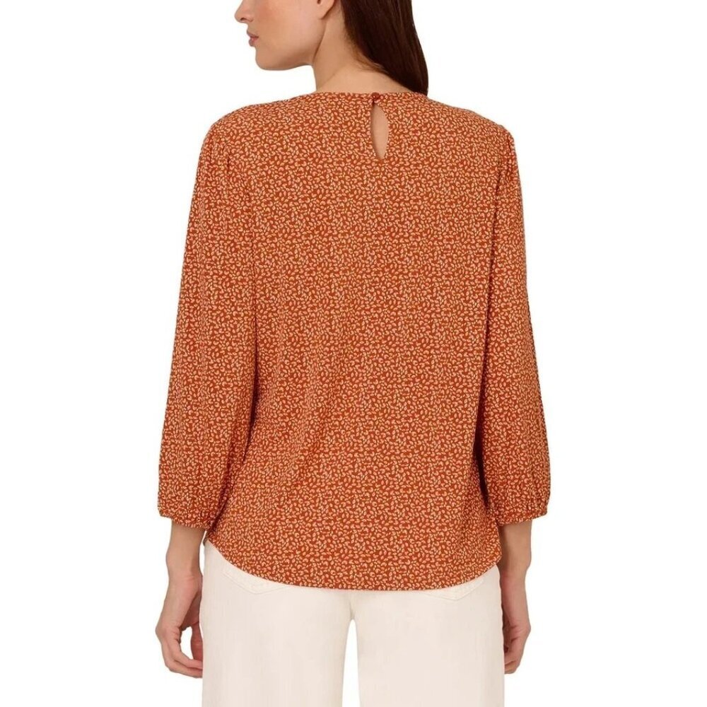 NWOT Adrianna Papell Women's XS Rust Floral Print Blouse With Smocked Neck J1002 - Picture 3 of 14